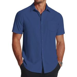 COOFANDY Men’s Short Sleeve Dress Shirts Wrinkle Free Regular Fit Dress Shirt Textured Casual Button Down Shirts(Deep Blue)