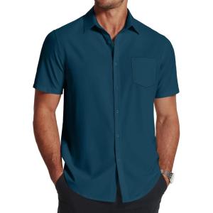 COOFANDY Men’s Short Sleeve Dress Shirts Wrinkle Free Regular Fit Dress Shirt Textured Casual Button Down Shirts(Lake Blue)