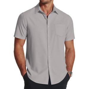 COOFANDY Men’s Short Sleeve Dress Shirts Wrinkle Free Regular Fit Dress Shirt Textured Casual Button Down Shirts(Light Grey)