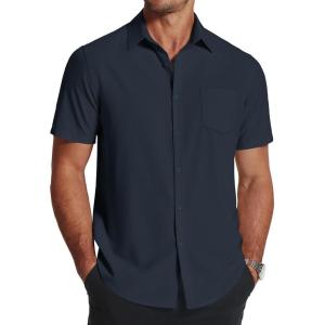COOFANDY Men’s Short Sleeve Dress Shirts Wrinkle Free Regular Fit Dress Shirt Textured Casual Button Down Shirts(Navy Blue)