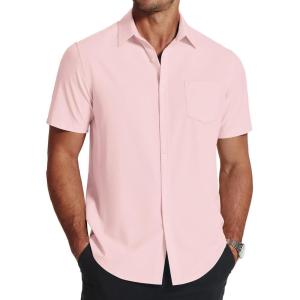 COOFANDY Men’s Short Sleeve Dress Shirts Wrinkle Free Regular Fit Dress Shirt Textured Casual Button Down Shirts(Pink)