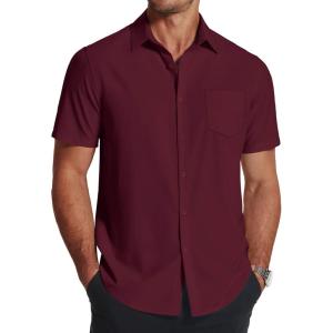 COOFANDY Men’s Short Sleeve Dress Shirts Wrinkle Free Regular Fit Dress Shirt Textured Casual Button Down Shirts(Wine Red)