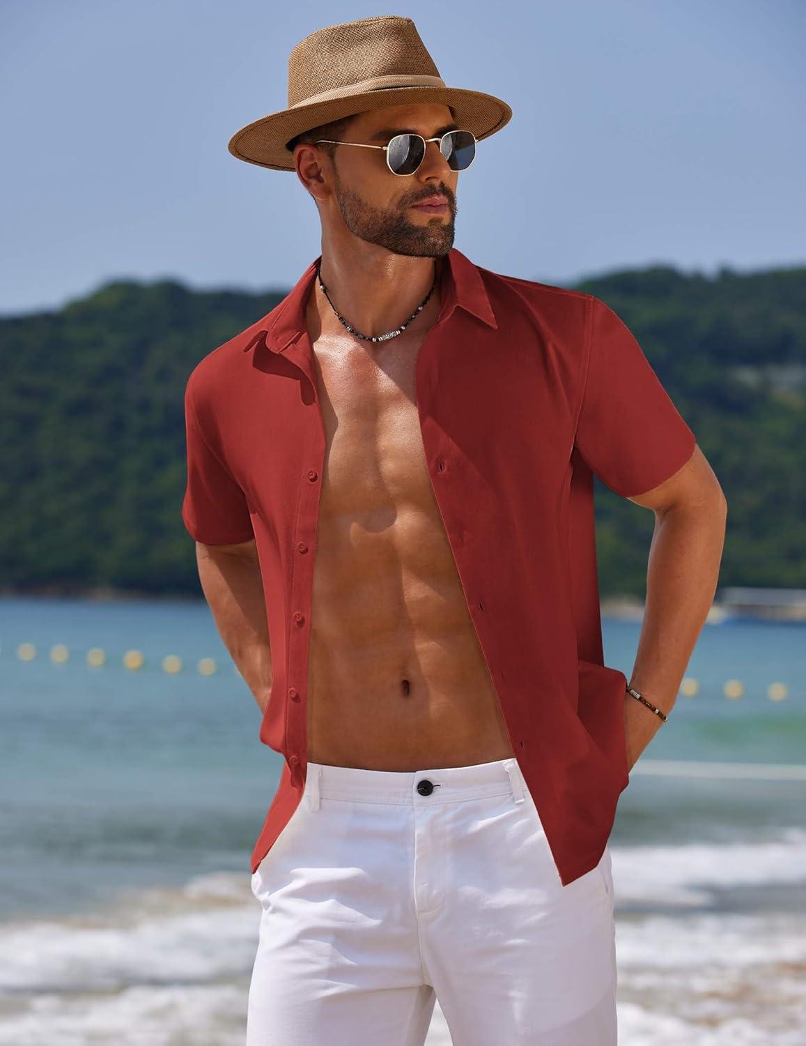 imageCOOFANDY Mens Casual Summer Beach Shirt Button Down Short Sleeve Shirts Vacation Shirt Cotton Linen ShirtsClaret
