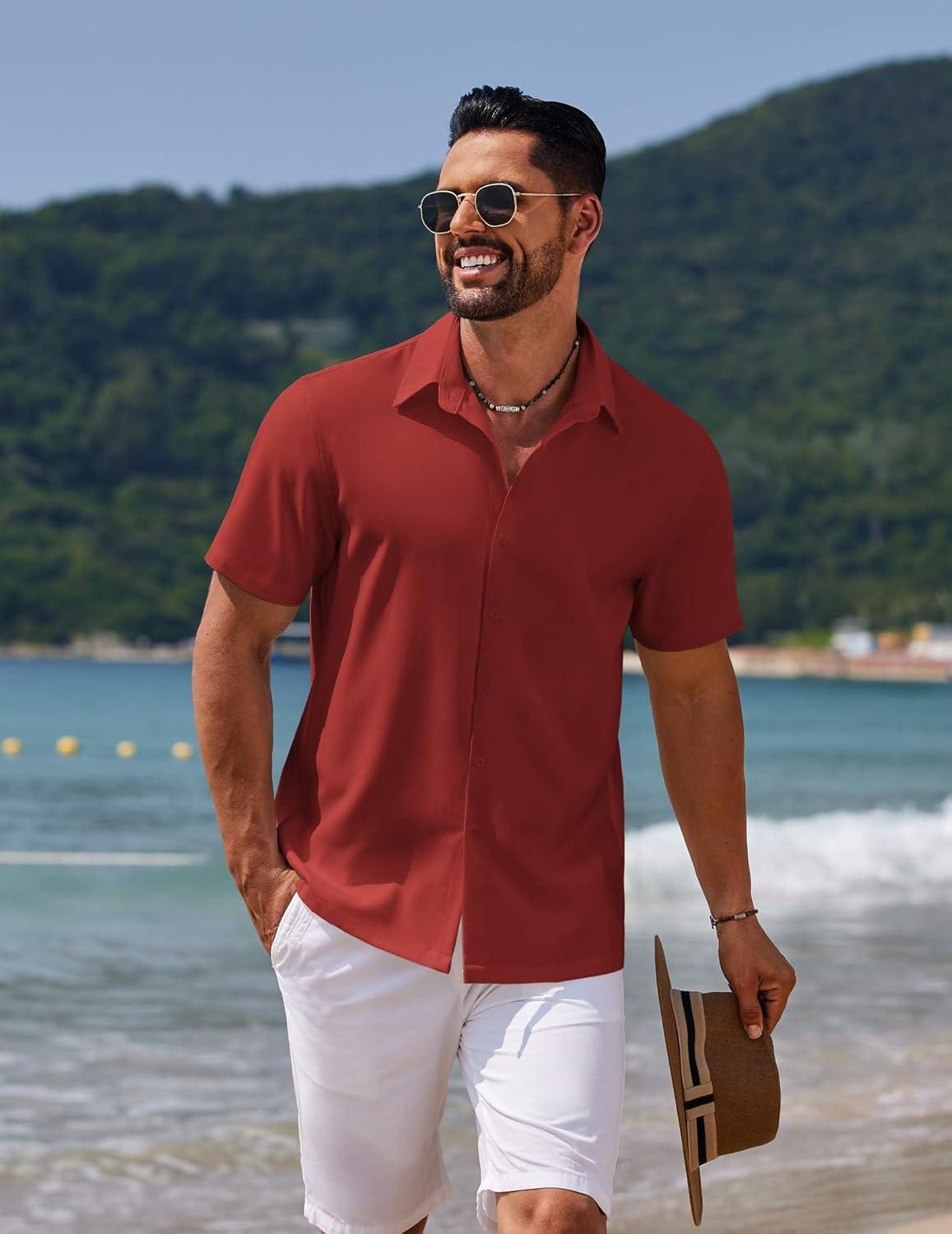 imageCOOFANDY Mens Casual Summer Beach Shirt Button Down Short Sleeve Shirts Vacation Shirt Cotton Linen ShirtsClaret