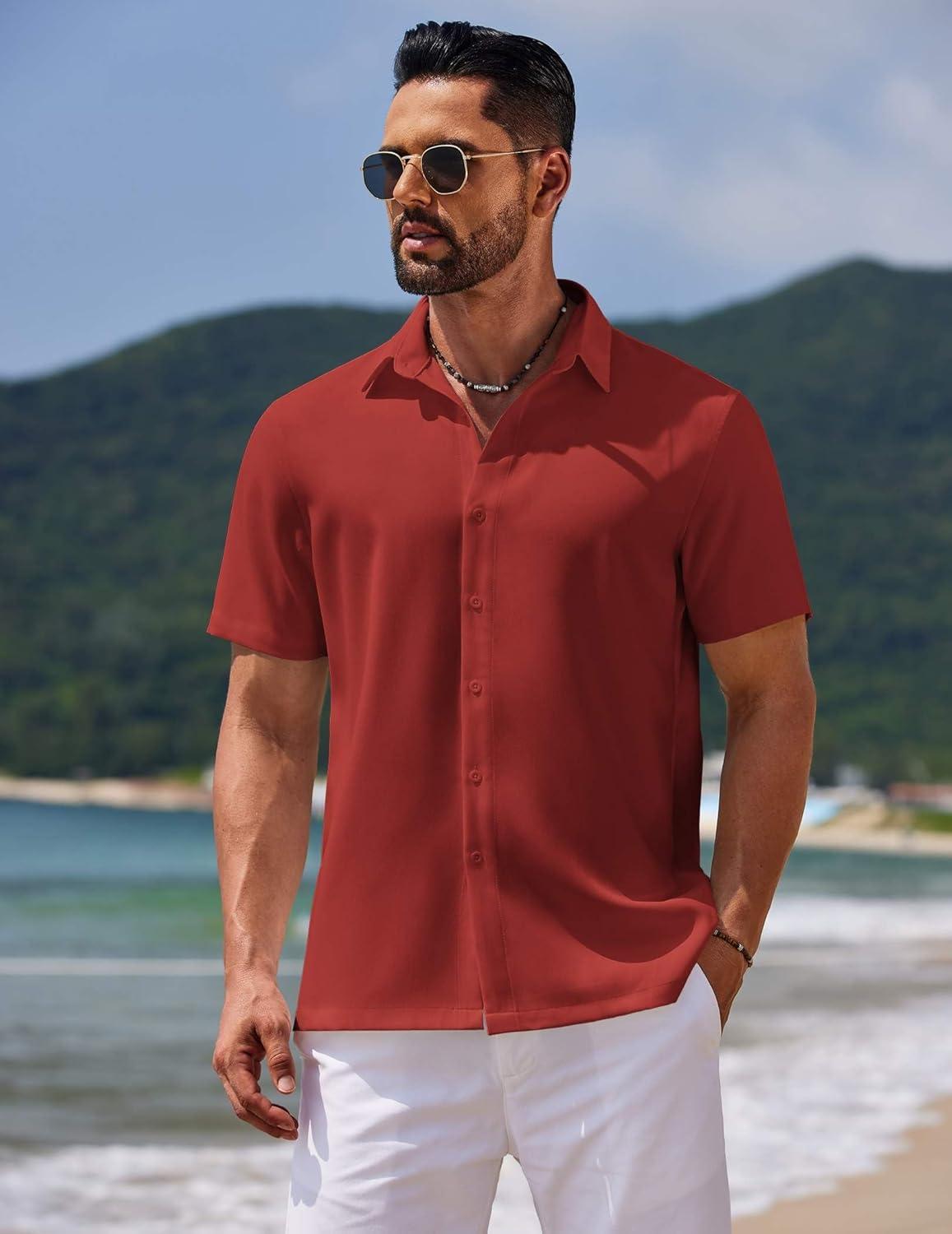 imageCOOFANDY Mens Casual Summer Beach Shirt Button Down Short Sleeve Shirts Vacation Shirt Cotton Linen ShirtsClaret