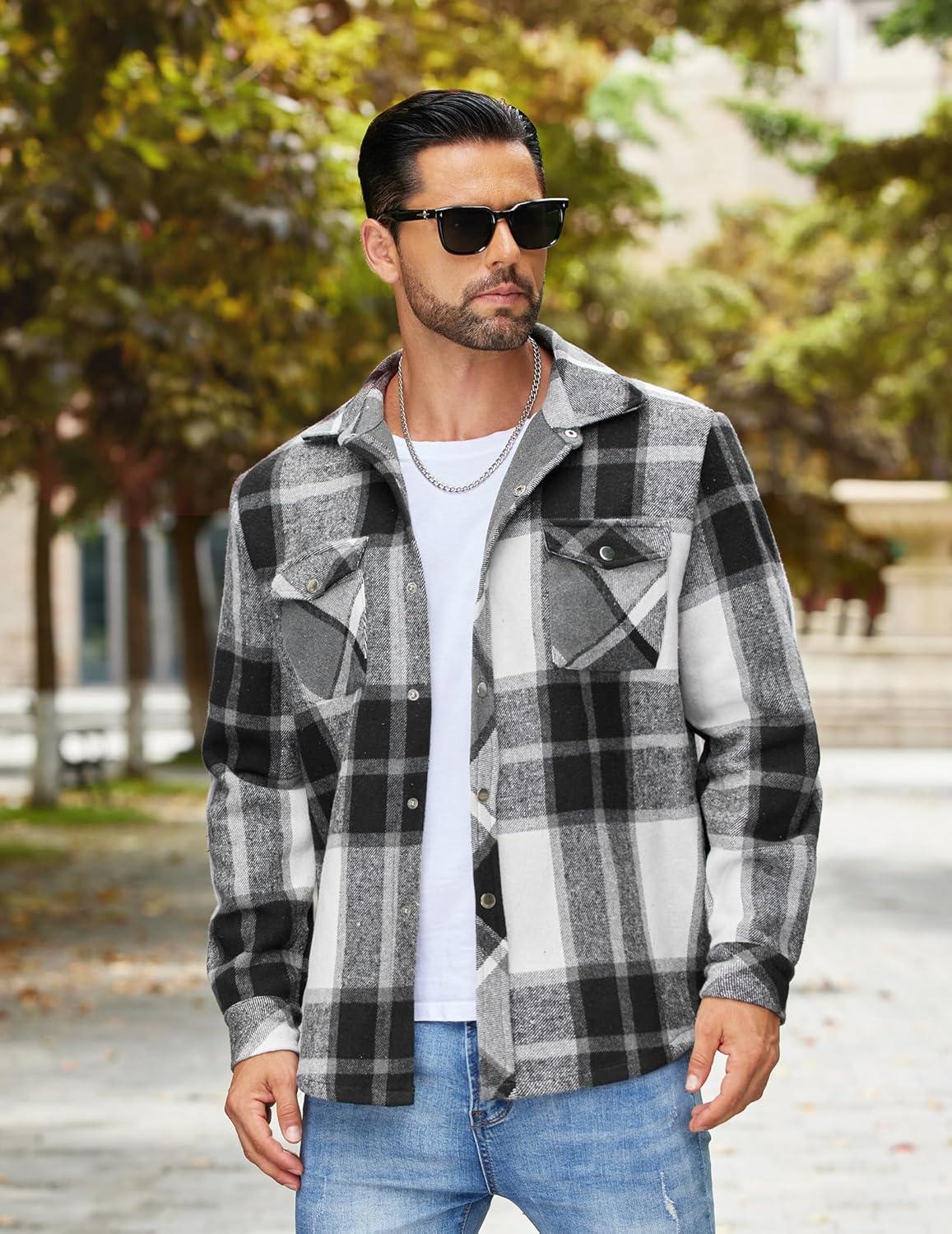 imageCOOFANDY Mens Flannel Shirt Jacket Casual Button Down Plaid Shirt Jackets Warm Lined Sherpa Shacket with PocketsBlack