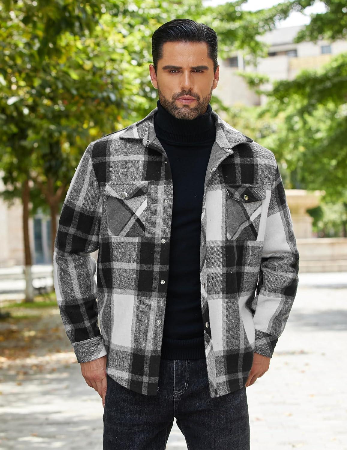 imageCOOFANDY Mens Flannel Shirt Jacket Casual Button Down Plaid Shirt Jackets Warm Lined Sherpa Shacket with PocketsBlack