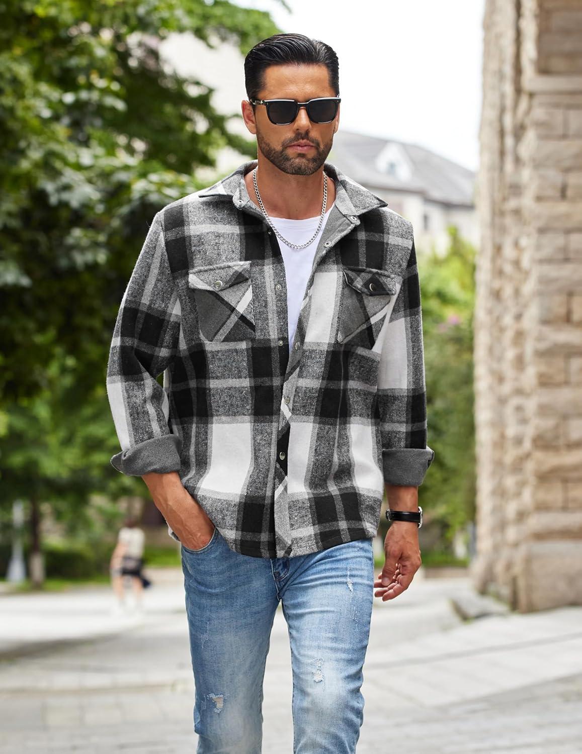 imageCOOFANDY Mens Flannel Shirt Jacket Casual Button Down Plaid Shirt Jackets Warm Lined Sherpa Shacket with PocketsBlack