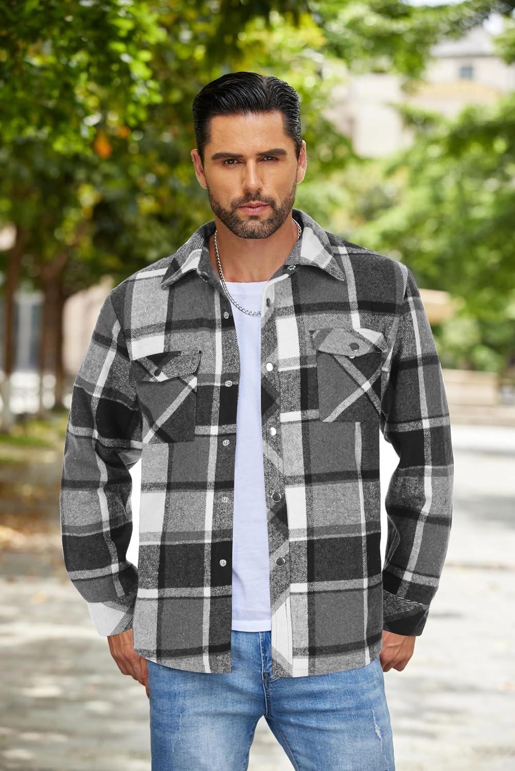 imageCOOFANDY Mens Flannel Shirt Jacket Casual Button Down Plaid Shirt Jackets Warm Lined Sherpa Shacket with PocketsBlack White