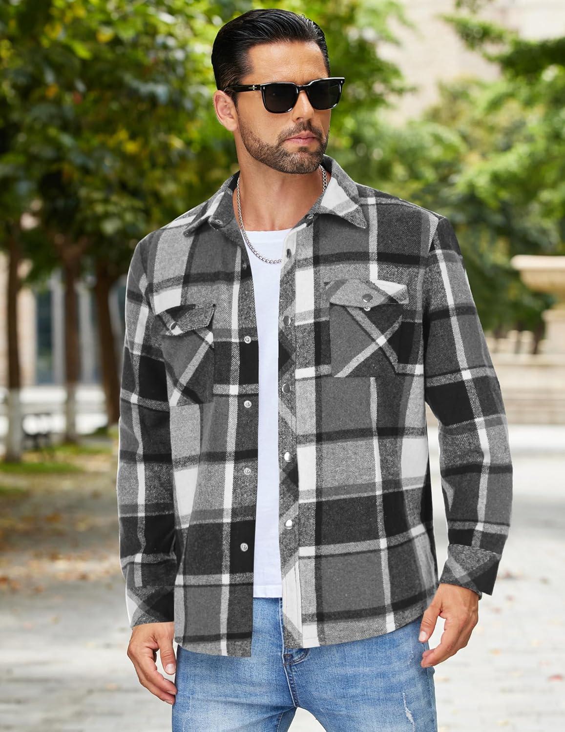 imageCOOFANDY Mens Flannel Shirt Jacket Casual Button Down Plaid Shirt Jackets Warm Lined Sherpa Shacket with PocketsBlack White
