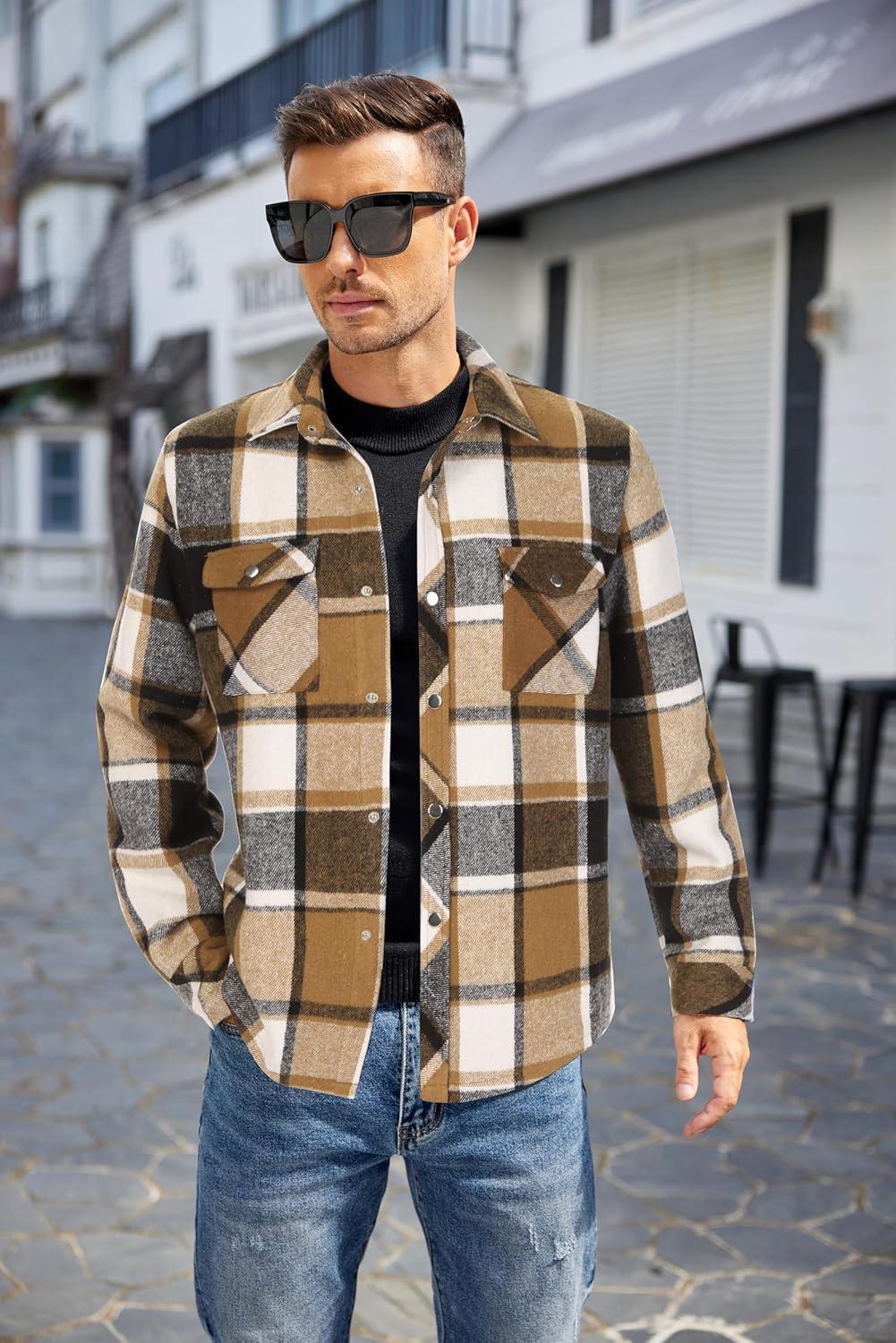 imageCOOFANDY Mens Flannel Shirt Jacket Casual Button Down Plaid Shirt Jackets Warm Lined Sherpa Shacket with PocketsBrown