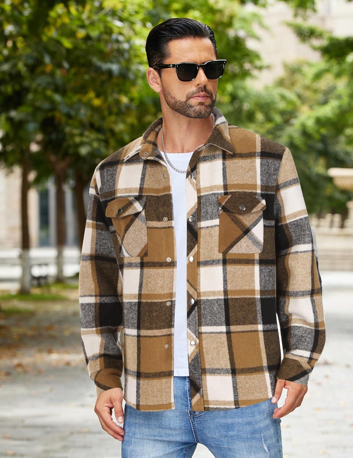 imageCOOFANDY Mens Flannel Shirt Jacket Casual Button Down Plaid Shirt Jackets Warm Lined Sherpa Shacket with PocketsBrown
