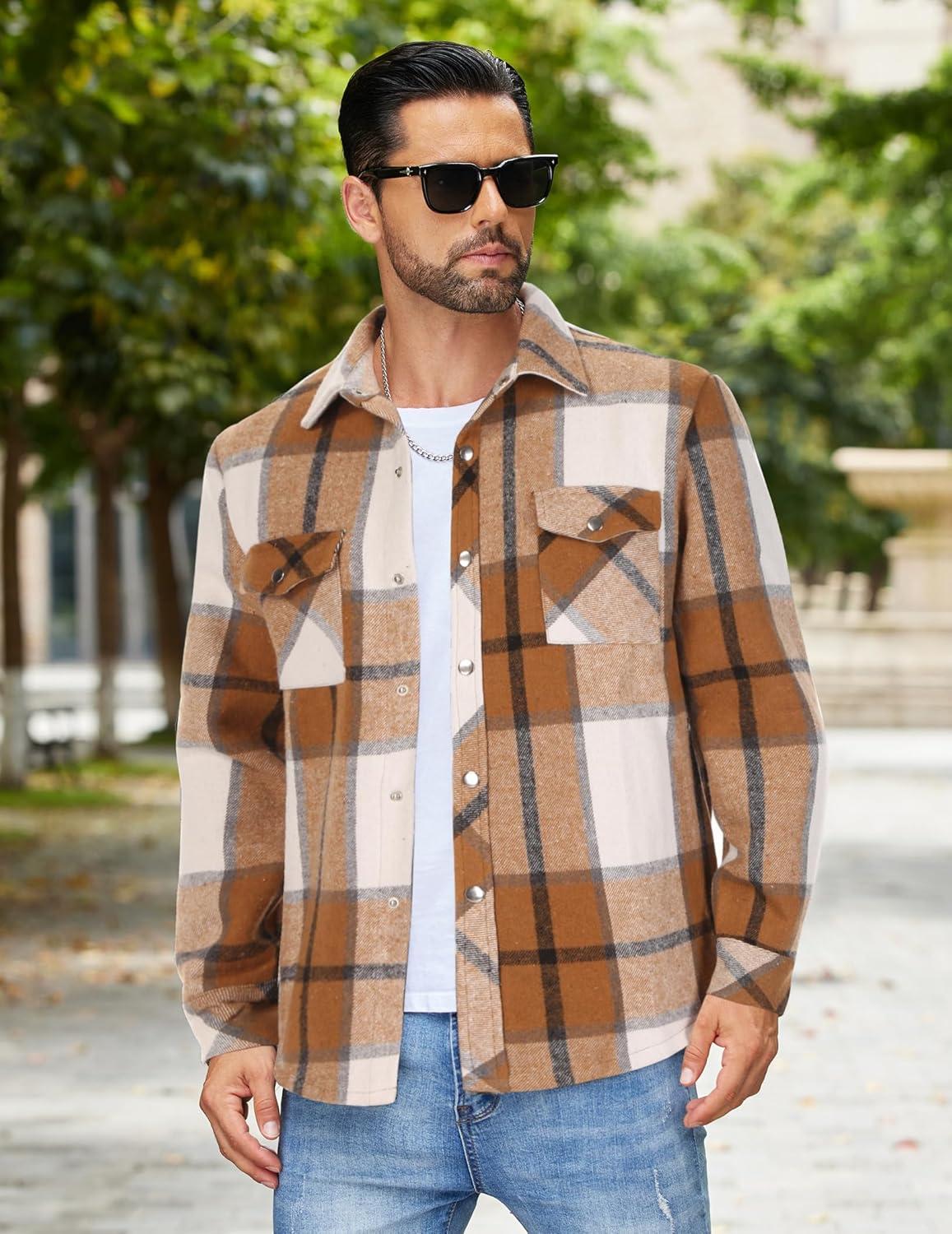 imageCOOFANDY Mens Flannel Shirt Jacket Casual Button Down Plaid Shirt Jackets Warm Lined Sherpa Shacket with PocketsKhaki