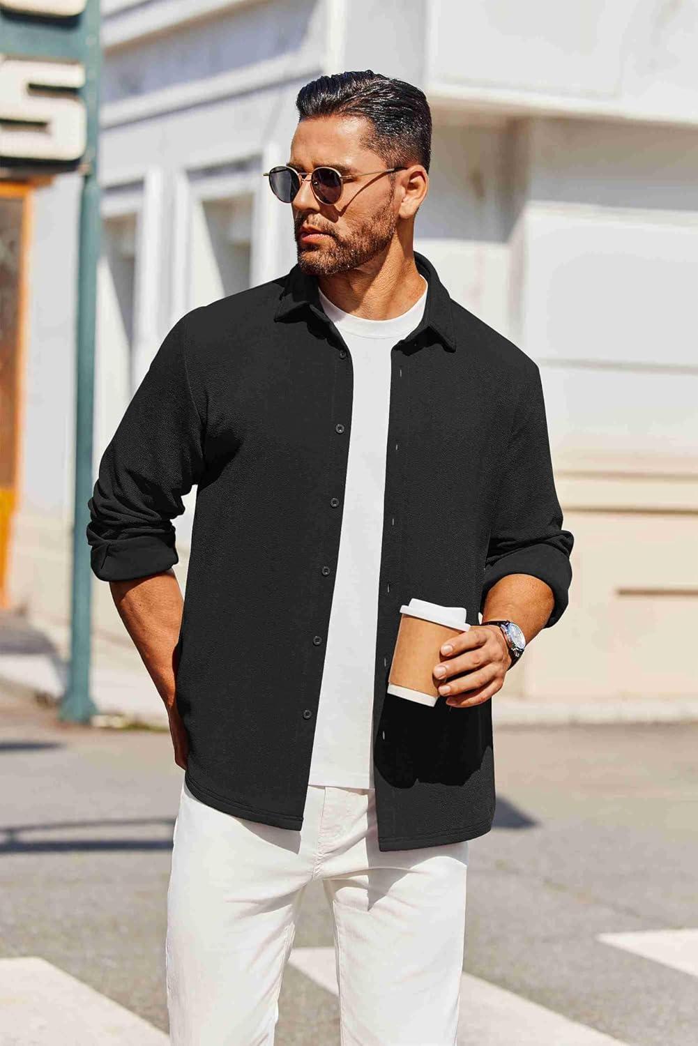 imageCOOFANDY Mens Overshirt Shacket Jacket Mens Textured Button Down Long Sleeve Shirts Fashion JacketBlack