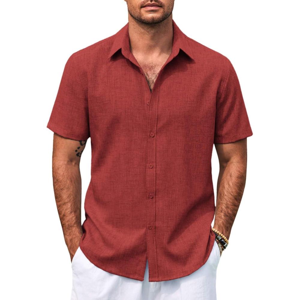 imageCOOFANDY Mens Casual Summer Beach Shirt Button Down Short Sleeve Shirts Vacation Shirt Cotton Linen ShirtsClaret