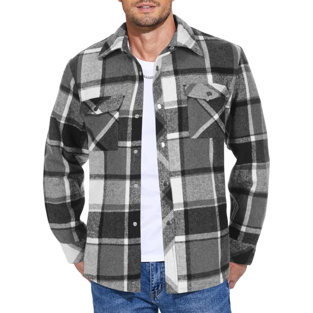 imageCOOFANDY Mens Flannel Shirt Jacket Casual Button Down Plaid Shirt Jackets Warm Lined Sherpa Shacket with PocketsBlack White