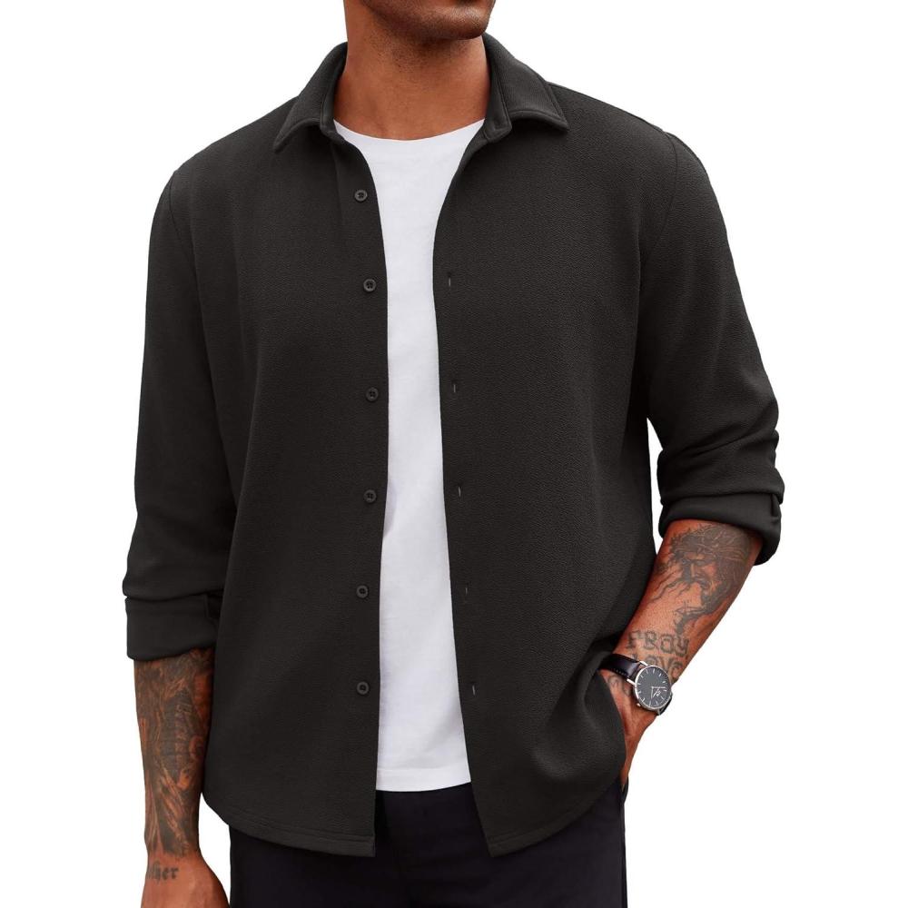imageCOOFANDY Mens Overshirt Shacket Jacket Mens Textured Button Down Long Sleeve Shirts Fashion JacketBlack