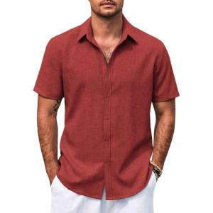 COOFANDY Mens Casual Summer Beach Shirt Button Down Short Sleeve Shirts Vacation Shirt Cotton Linen Shirts(Claret)