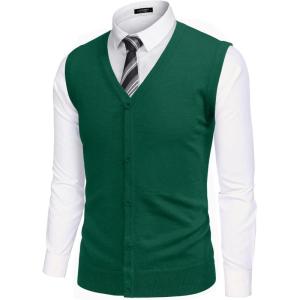 COOFANDY Men’s Sweater Vest V Neck Casual Sleeveless Knitted Button Cardigan Vest(Dark Green)