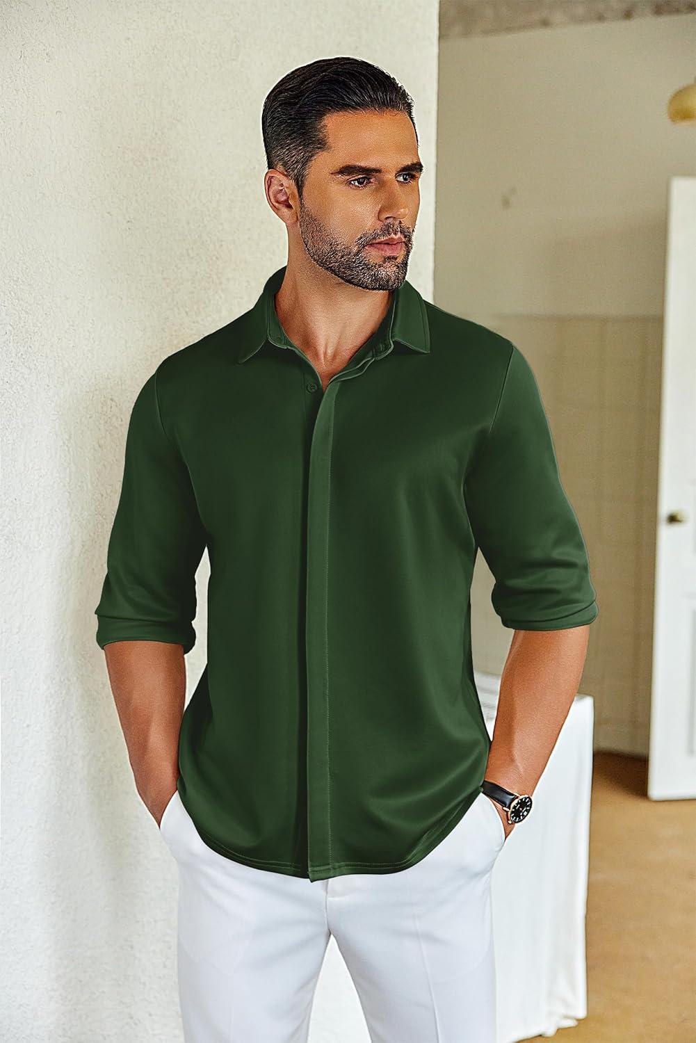 imageCOOFANDY Mens Casual Long Sleeve Shirts Wrinkle Free Button Down Shirt Business Casual Shirt Dark Green Large