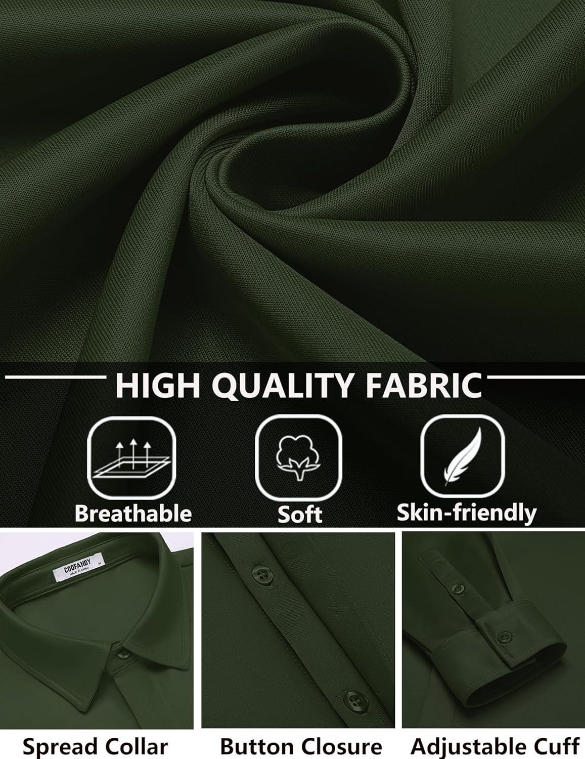 imageCOOFANDY Mens Casual Long Sleeve Shirts Wrinkle Free Button Down Shirt Business Casual Shirt Dark Green Large