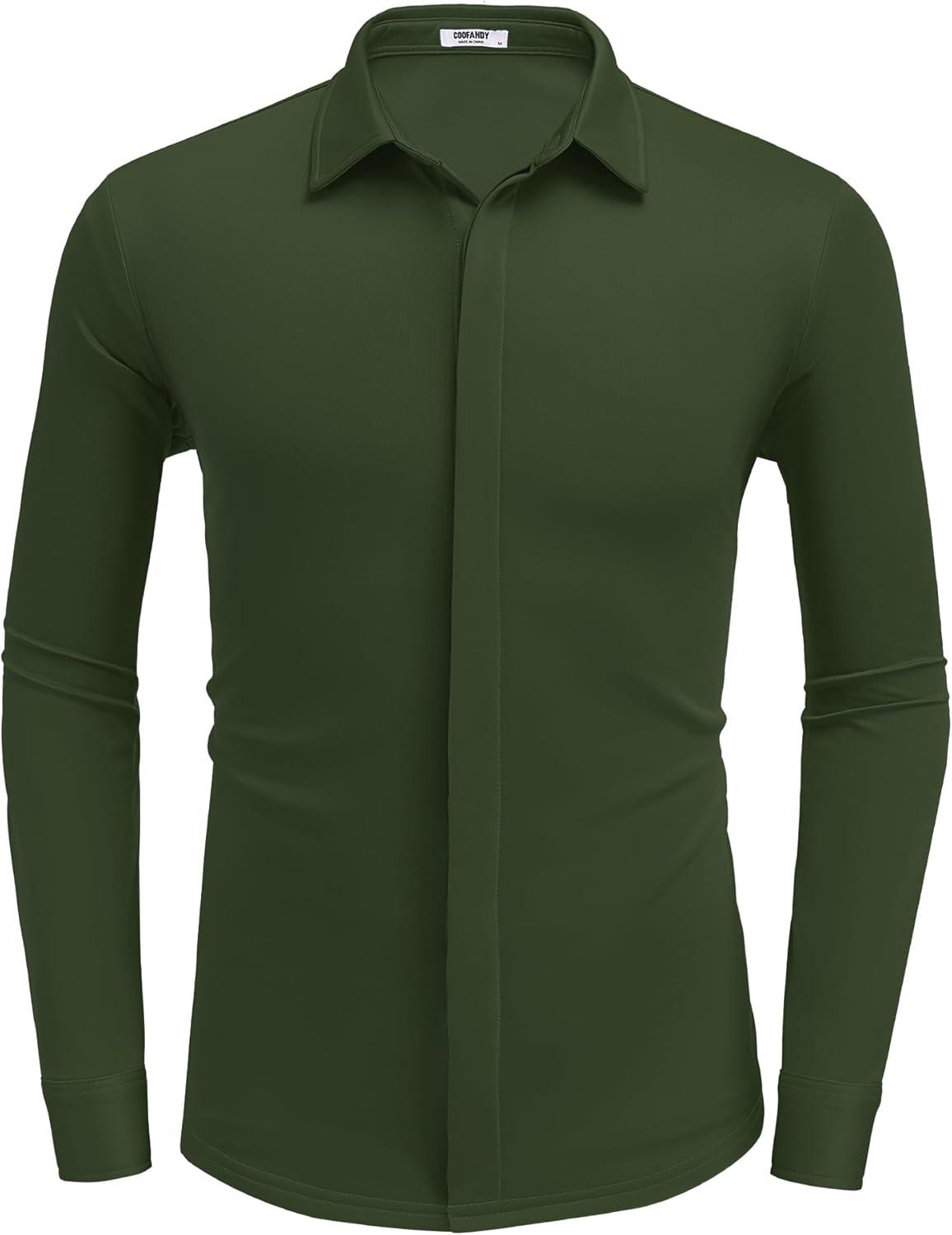 imageCOOFANDY Mens Casual Long Sleeve Shirts Wrinkle Free Button Down Shirt Business Casual Shirt Dark Green Large