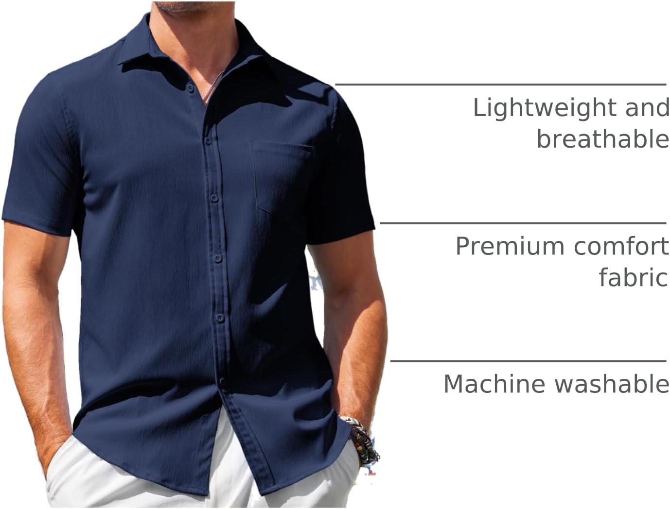 imageCOOFANDY Mens Casual Summer Beach Wrinkle Free Shirts Short Sleeve Button Down Lightweight Untucked Textured ShirtNavy Blue