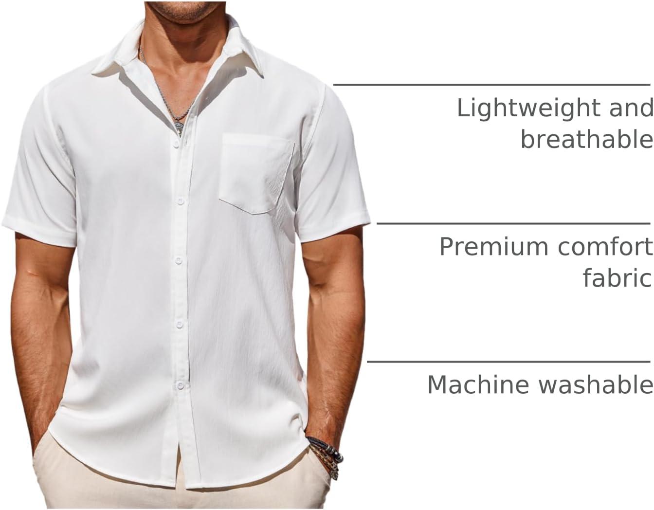 imageCOOFANDY Mens Casual Summer Beach Wrinkle Free Shirts Short Sleeve Button Down Lightweight Untucked Textured ShirtWhite