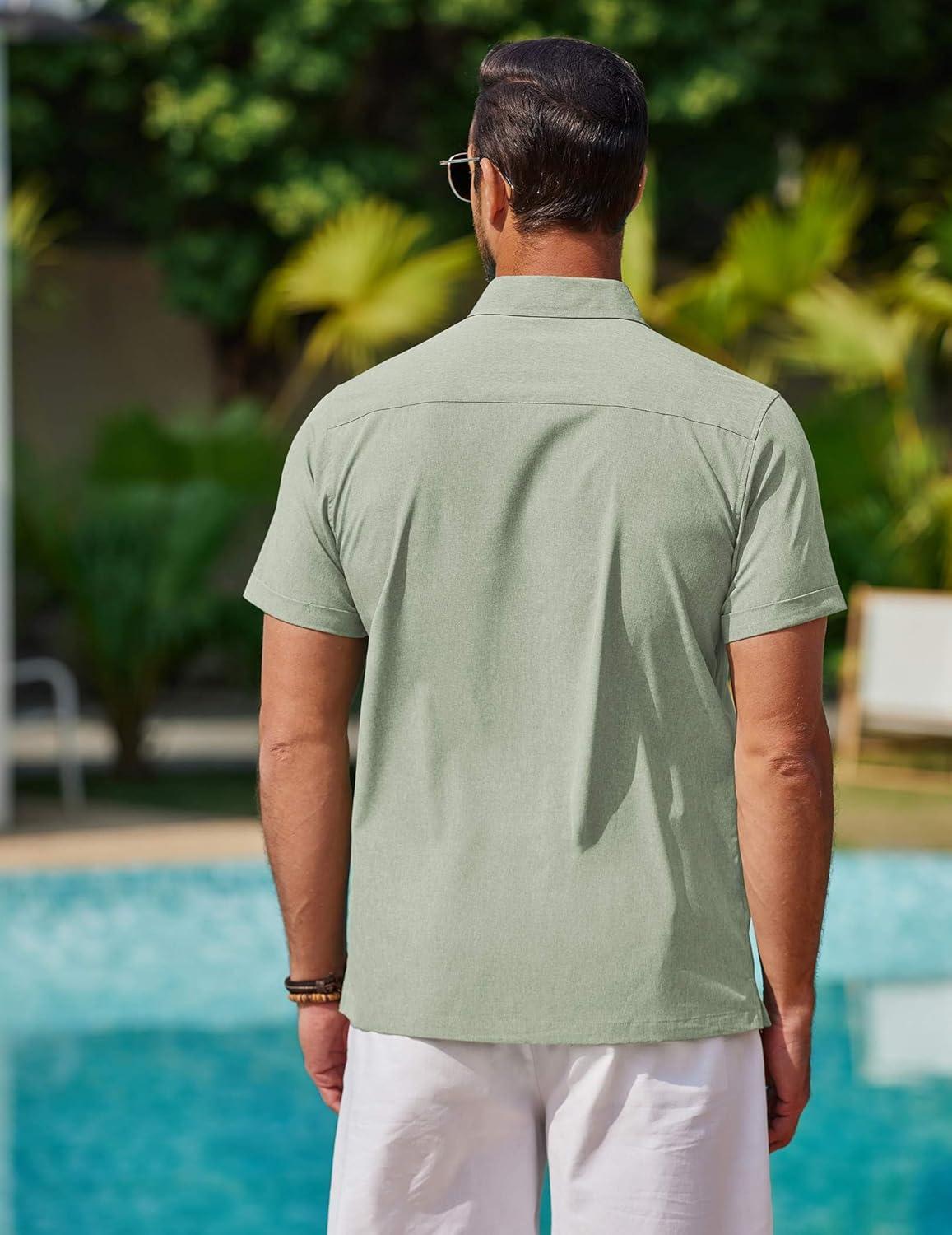 imageCOOFANDY Mens Cool Button Down Shirt Short Sleeve Summer Beach Shirts Linen Texture Casual Shirts with PocketLight Green