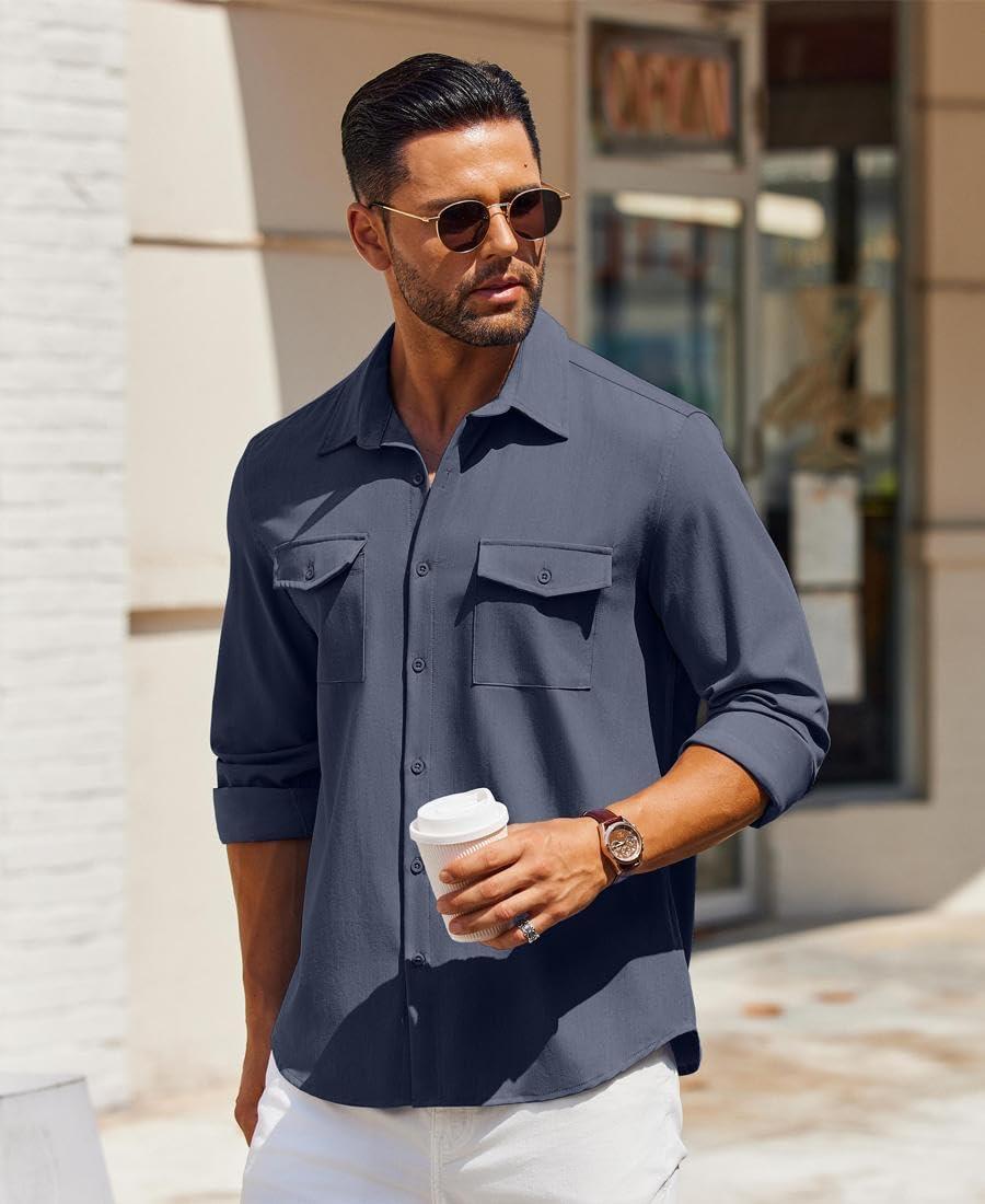 imageCOOFANDY Mens Denim Button Down Shirts Casual Long Sleeve Chambray Shirts Wedding Work Shirts for Men