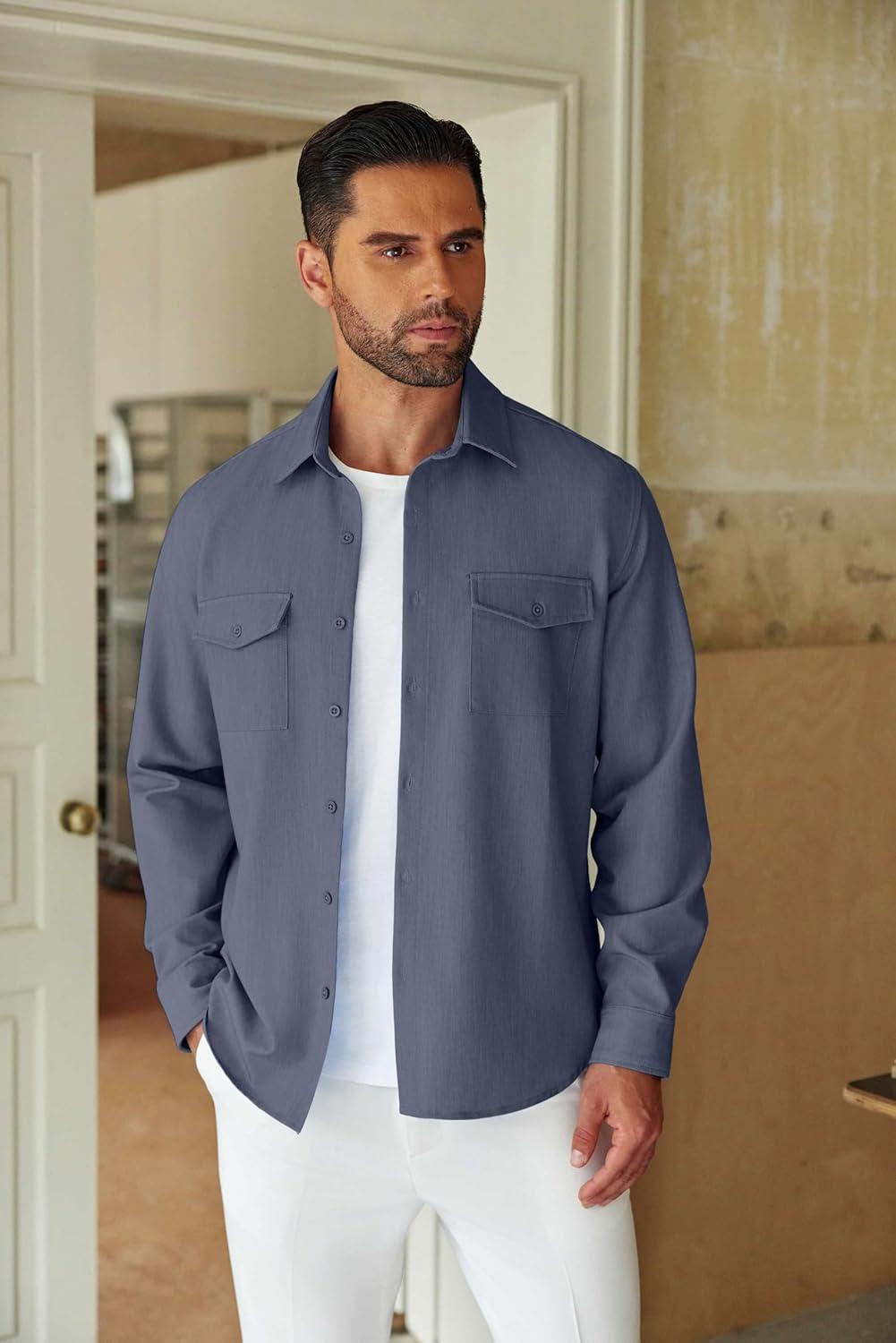 imageCOOFANDY Mens Denim Button Down Shirts Casual Long Sleeve Chambray Shirts Wedding Work Shirts for Men