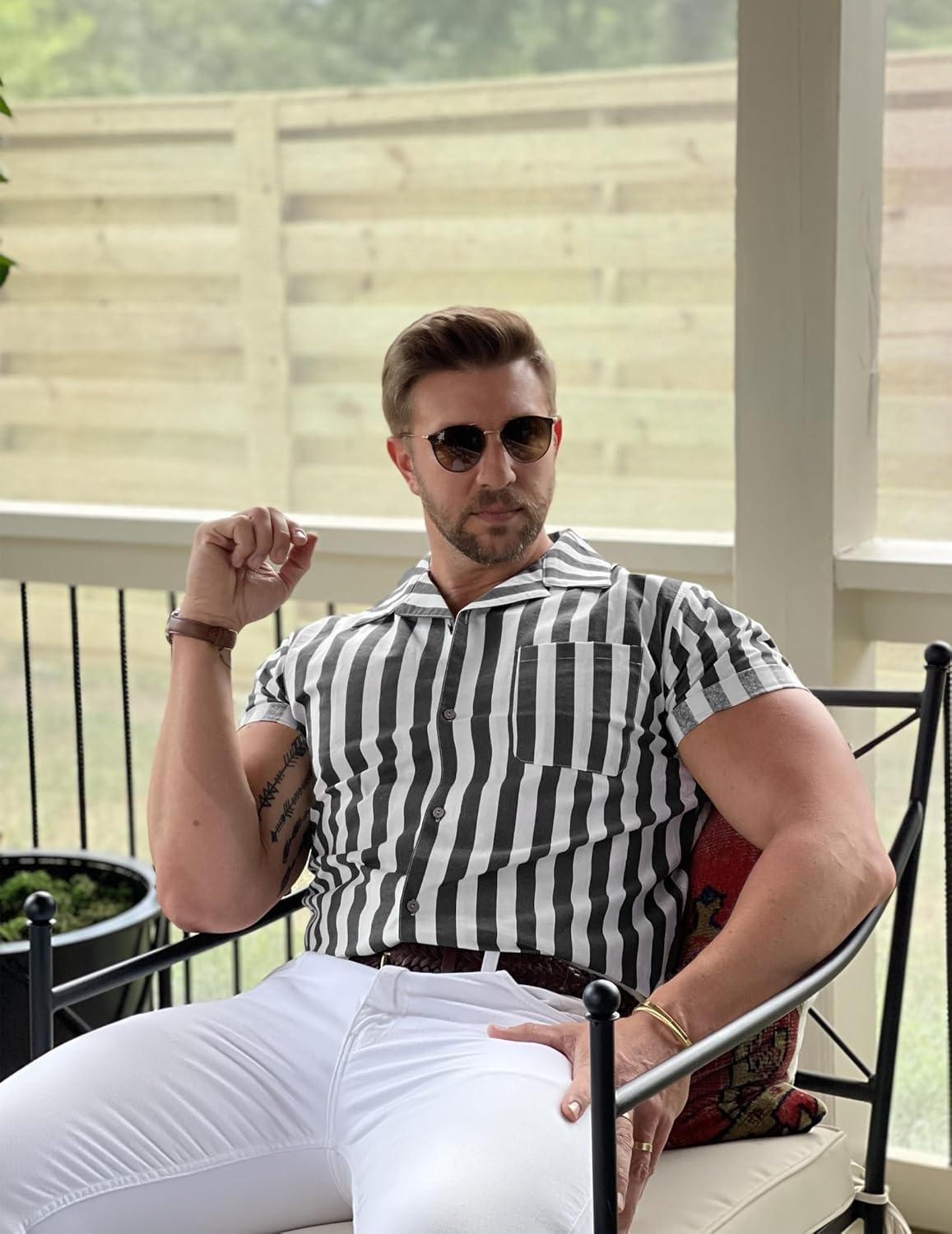 imageCOOFANDY Mens Hawaiian Floral Shirts Cotton Linen Button Down Tropical Holiday Beach ShirtsA Stripe Black