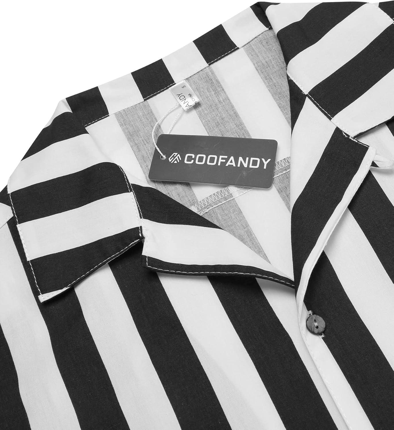 imageCOOFANDY Mens Hawaiian Floral Shirts Cotton Linen Button Down Tropical Holiday Beach ShirtsA Stripe Black