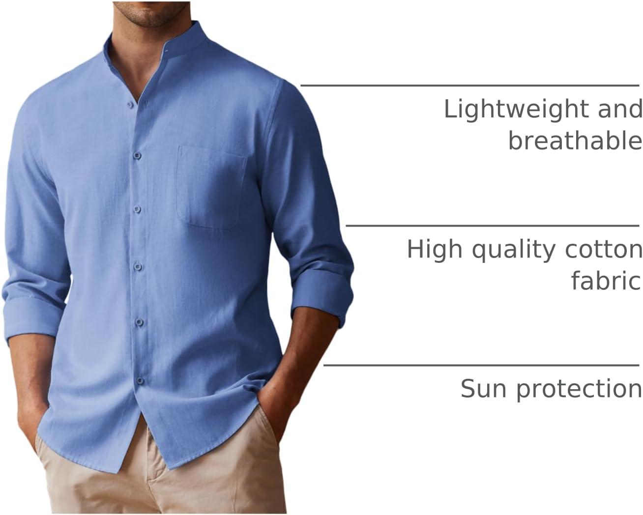 imageCOOFANDY Mens Oxford Shirts Long Sleeve Casual Button Down Shirts Band Collar Dress Shirt with PocketDenim Blue