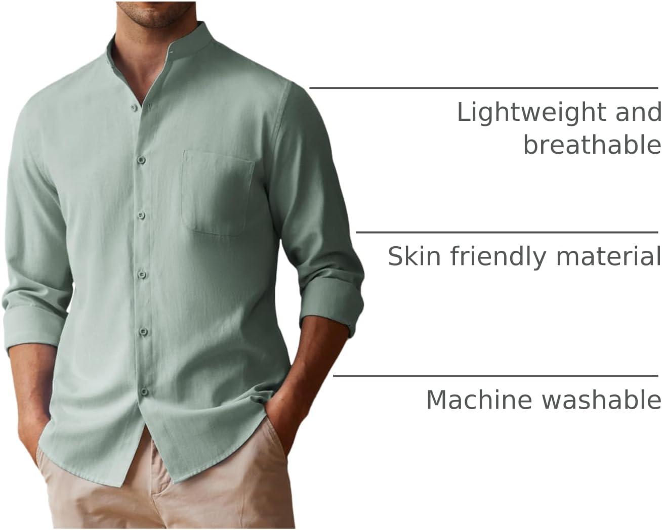 imageCOOFANDY Mens Oxford Shirts Long Sleeve Casual Button Down Shirts Band Collar Dress Shirt with PocketGreen