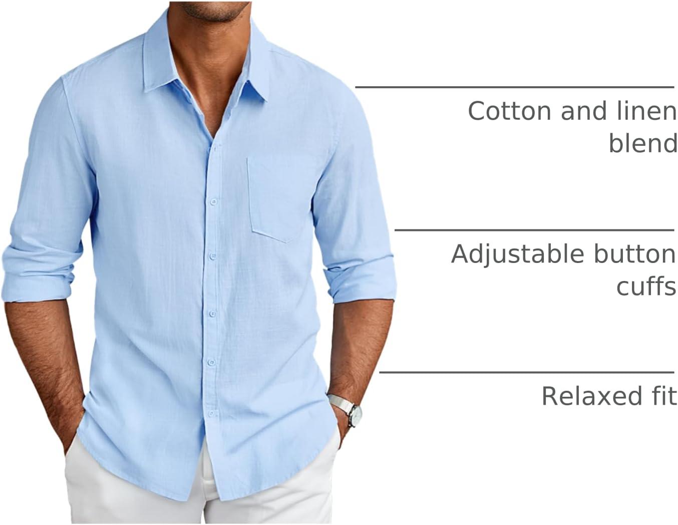imageCOOFANDY Mens Oxford Shirts Long Sleeve Casual Button Down Shirts Band Collar Dress Shirt with PocketLight Blue