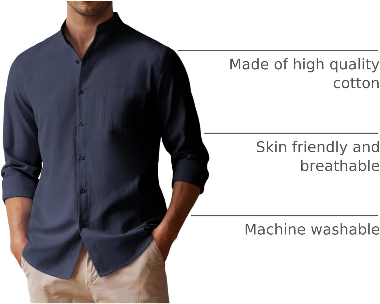 imageCOOFANDY Mens Oxford Shirts Long Sleeve Casual Button Down Shirts Band Collar Dress Shirt with PocketNavy Blue