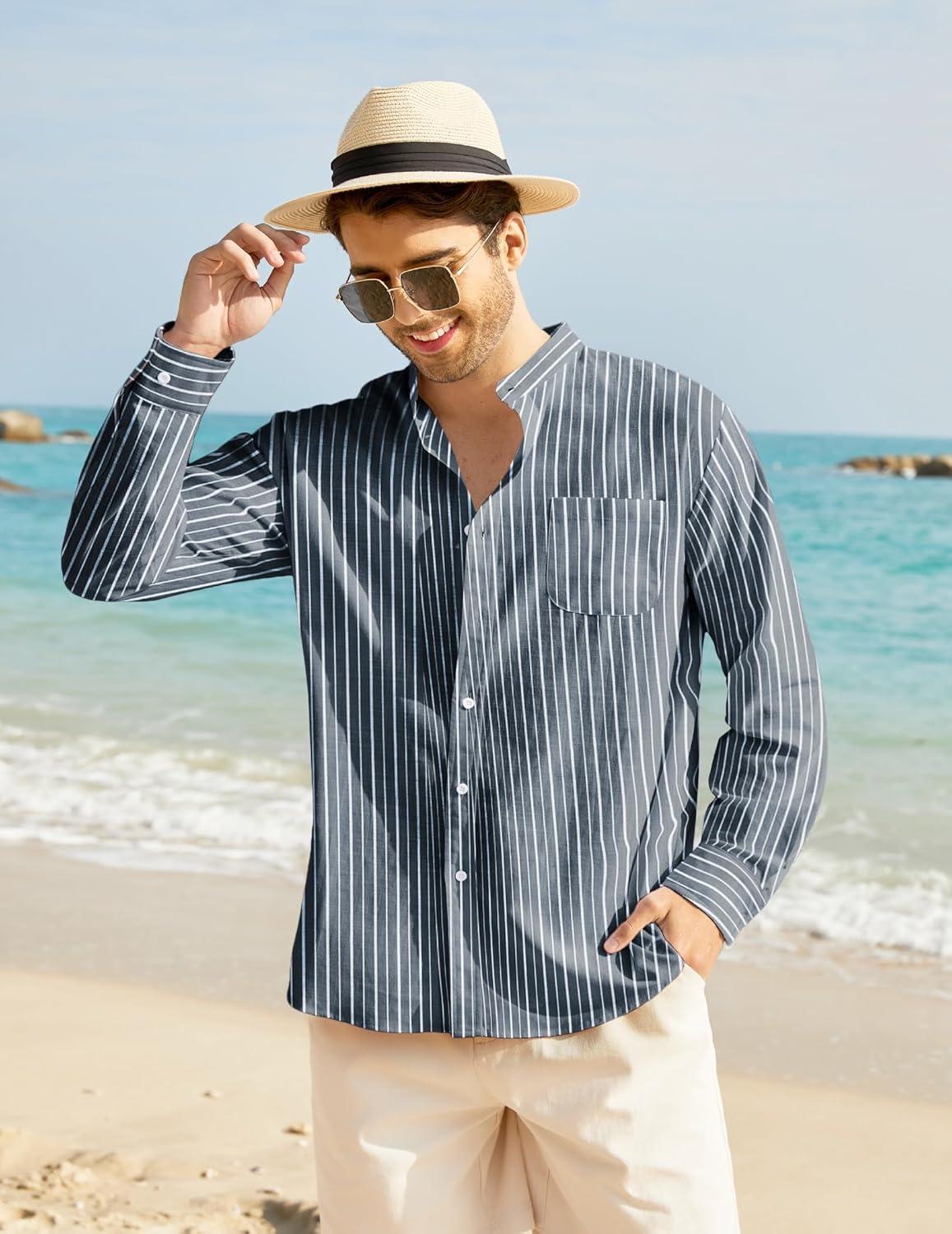 imageCOOFANDY Mens Oxford Shirts Long Sleeve Casual Button Down Shirts Band Collar Dress Shirt with PocketThin White Stripes