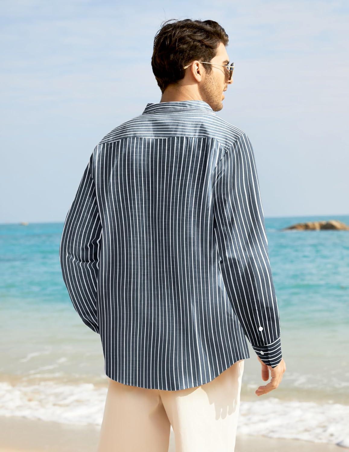 imageCOOFANDY Mens Oxford Shirts Long Sleeve Casual Button Down Shirts Band Collar Dress Shirt with PocketThin White Stripes