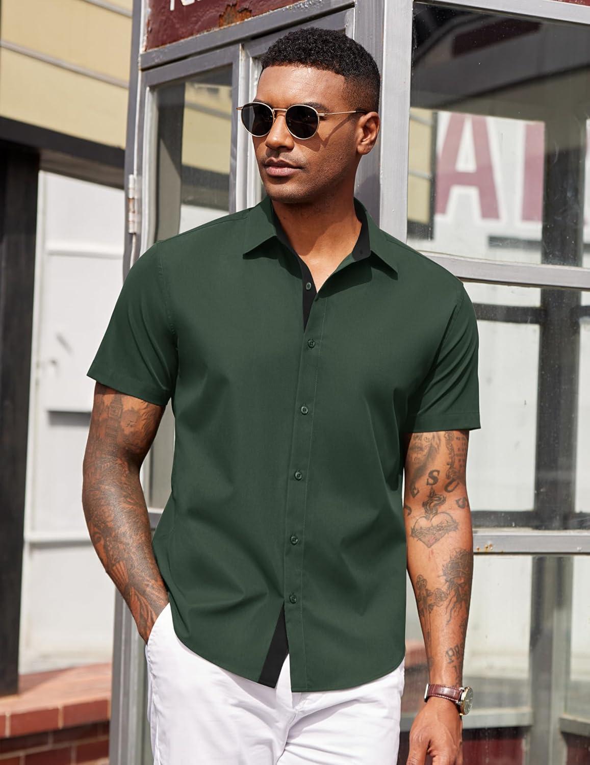 imageCOOFANDY Mens Short Sleeve Button Down Shirts Casual Summer Dress Untucked ShirtsBright Green