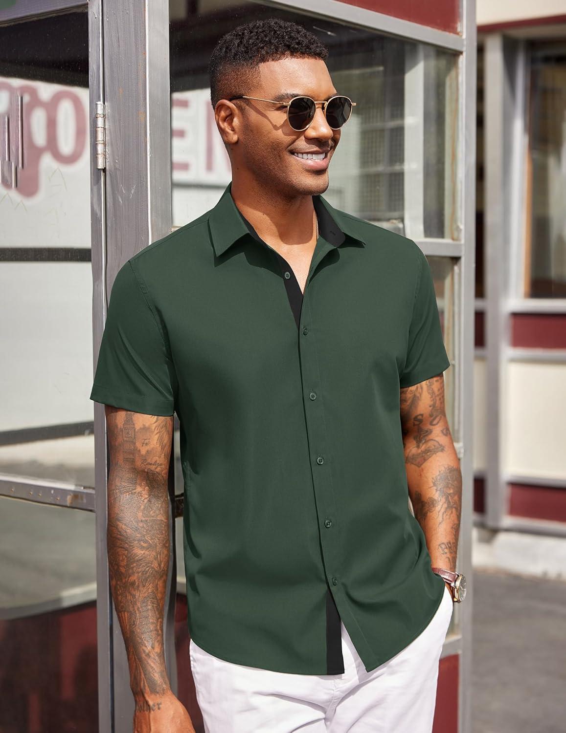 imageCOOFANDY Mens Short Sleeve Button Down Shirts Casual Summer Dress Untucked ShirtsBright Green