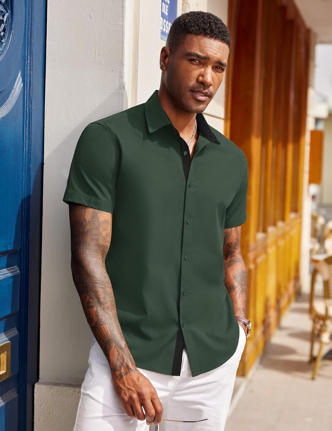 imageCOOFANDY Mens Short Sleeve Button Down Shirts Casual Summer Dress Untucked ShirtsBright Green