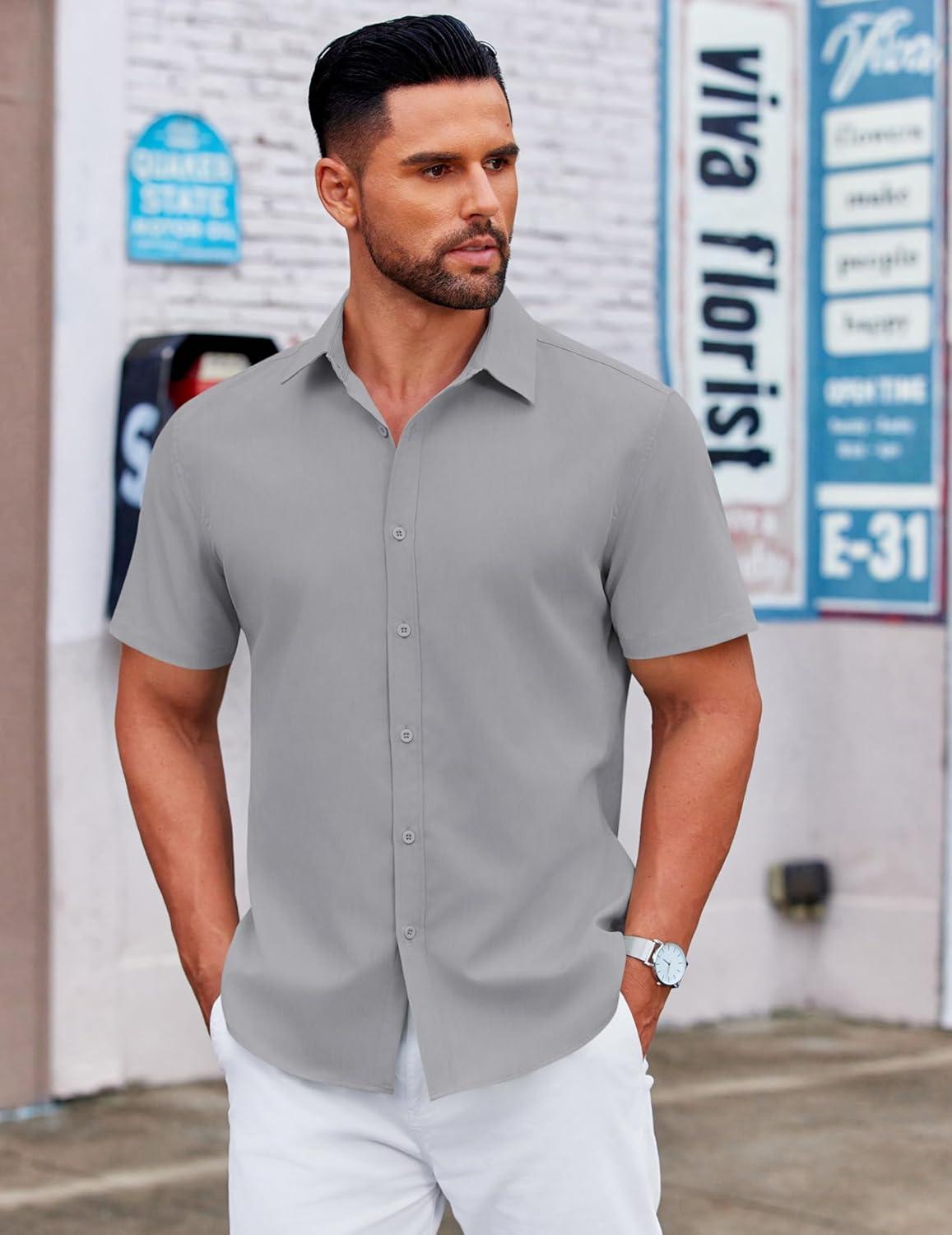 imageCOOFANDY Mens Short Sleeve Button Down Shirts Casual Summer Dress Untucked ShirtsConcrete Gray