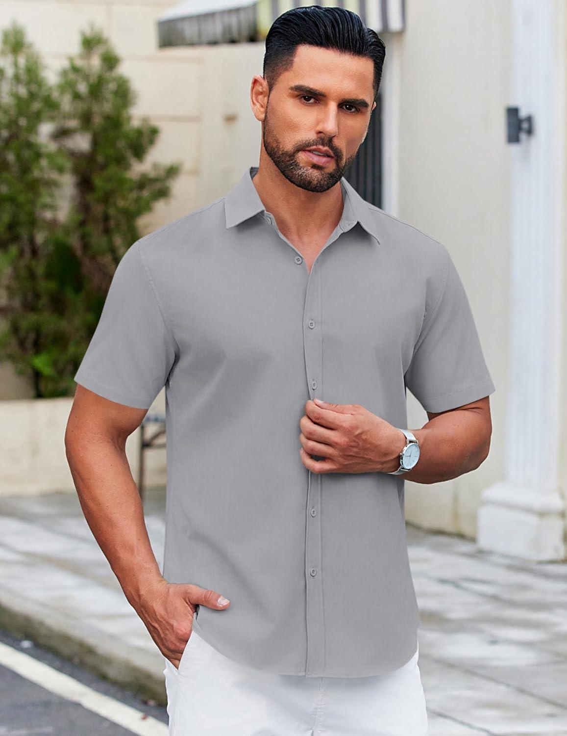 imageCOOFANDY Mens Short Sleeve Button Down Shirts Casual Summer Dress Untucked ShirtsConcrete Gray