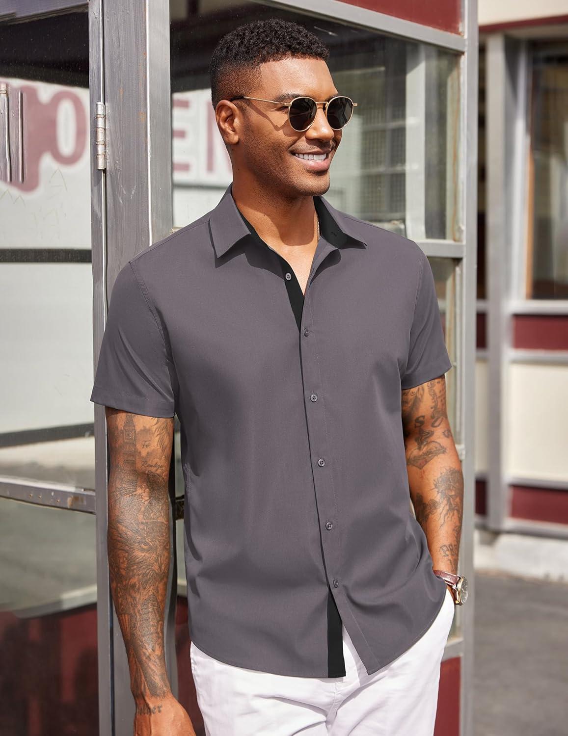 imageCOOFANDY Mens Short Sleeve Button Down Shirts Casual Summer Dress Untucked ShirtsDark Grey