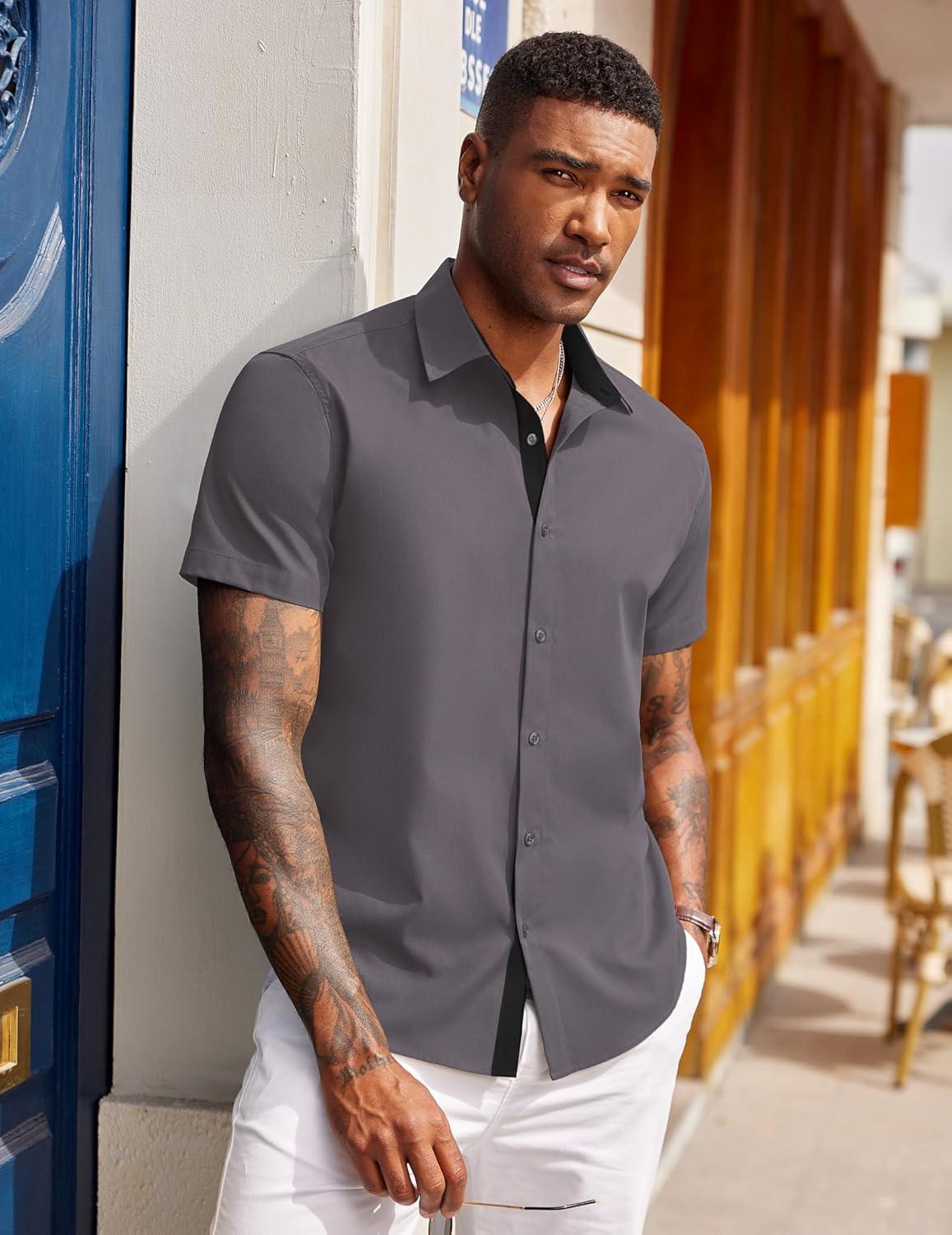 imageCOOFANDY Mens Short Sleeve Button Down Shirts Casual Summer Dress Untucked ShirtsDark Grey