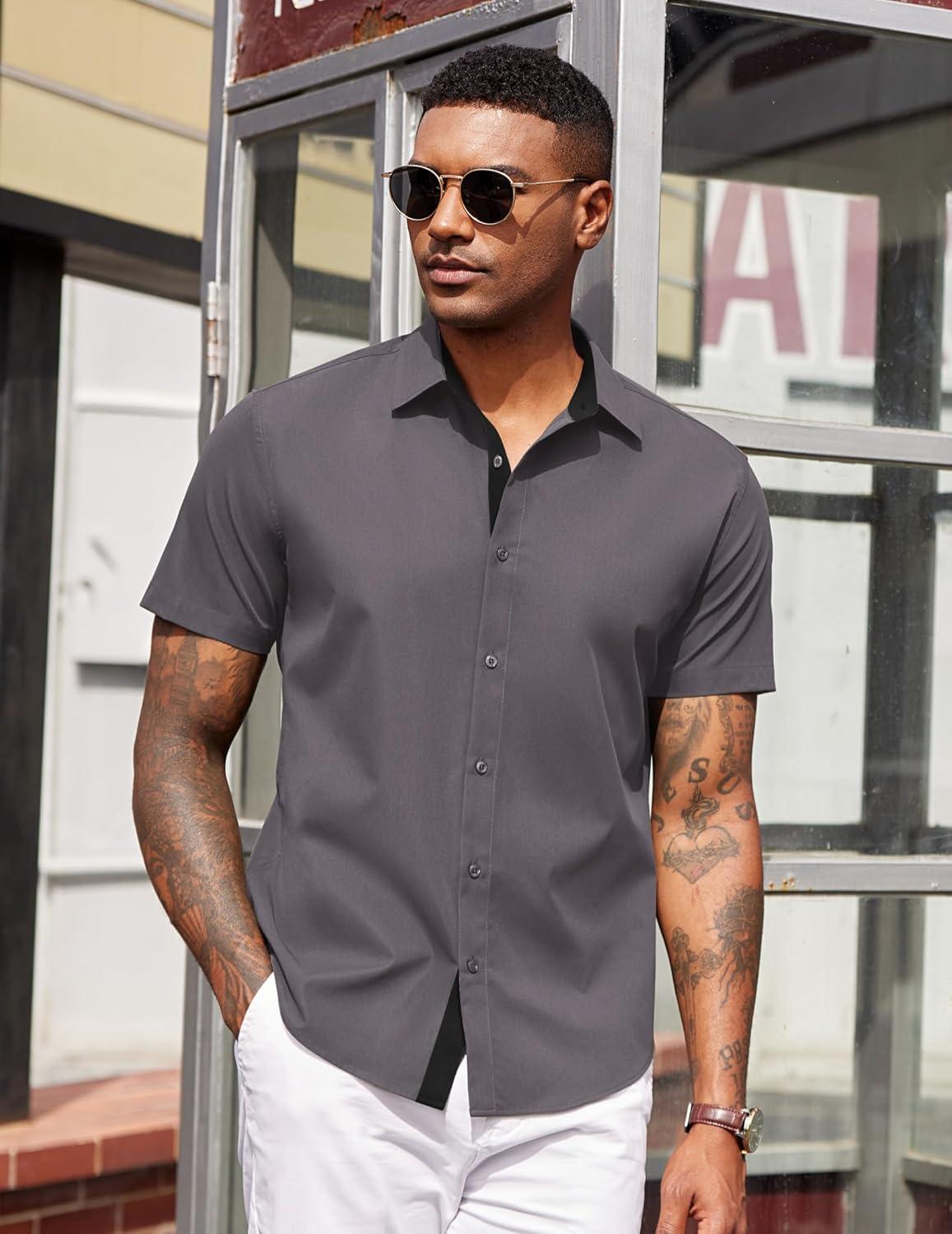 imageCOOFANDY Mens Short Sleeve Button Down Shirts Casual Summer Dress Untucked ShirtsDark Grey