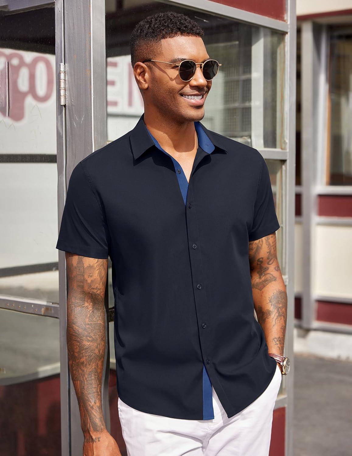 imageCOOFANDY Mens Short Sleeve Button Down Shirts Casual Summer Dress Untucked ShirtsDeep Blue