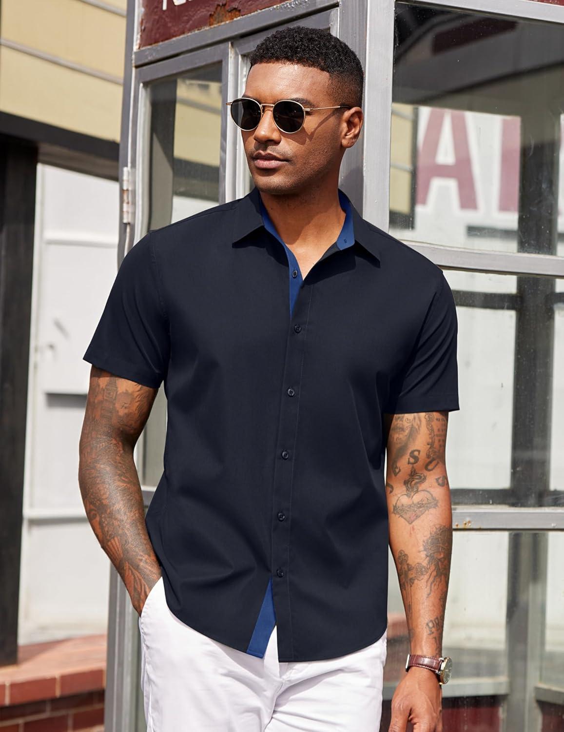 imageCOOFANDY Mens Short Sleeve Button Down Shirts Casual Summer Dress Untucked ShirtsDeep Blue