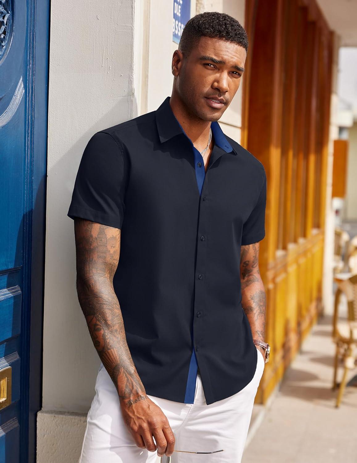 imageCOOFANDY Mens Short Sleeve Button Down Shirts Casual Summer Dress Untucked ShirtsDeep Blue